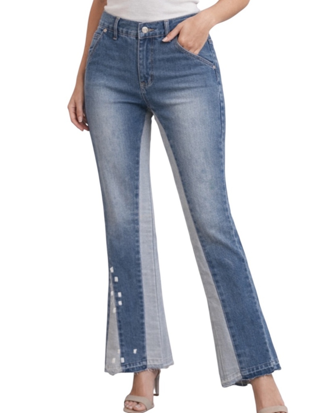 Sumwon Two-Tone Distressed Panelled Denim Jeans White Splatter XS 29x34.5